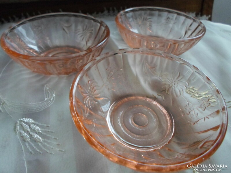 Retro / vintage, peach-colored glass bowl with flower pattern (salad, compote)