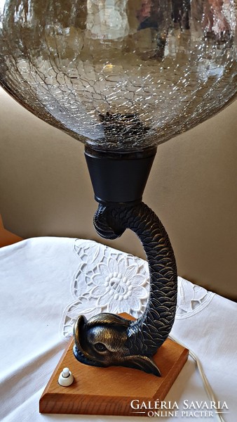 Old table lamp, bedside lamp. A large dolphin made of bronze, holding the wonderful glass veil.