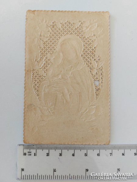 Régi dombornyomott szentkép csipkés antik imalap Mária Kisjézus