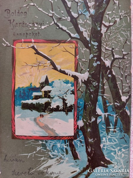 Régi karácsonyi képeslap 1902 dombornyomott levelezőlap havas fák