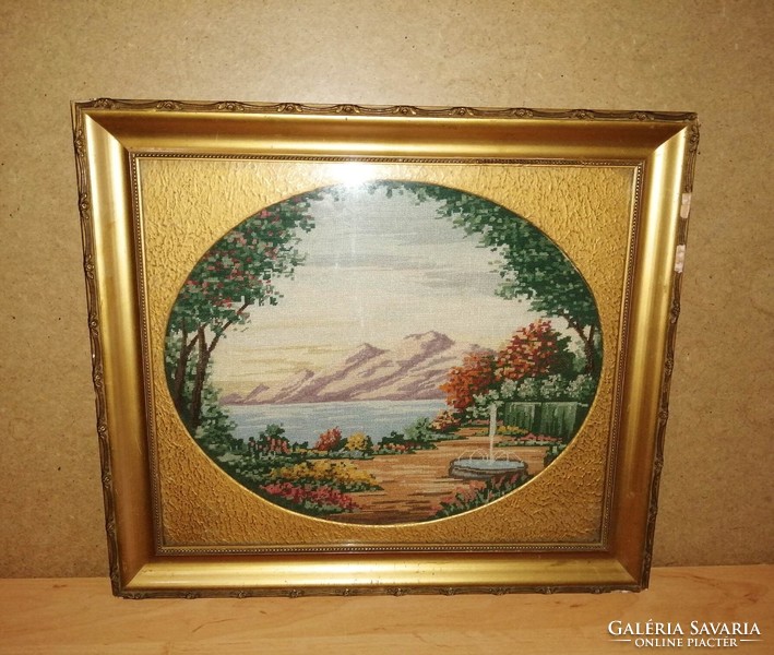 Antique Biedermeier needle tapestry tapestry landscape in a beautiful glazed frame 36*41 cm