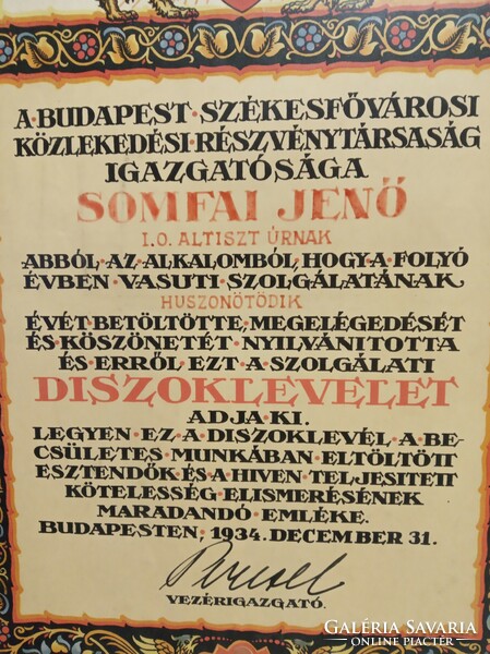 Budapest Székesfőváros transport rt. Honorary certificate of its directorate