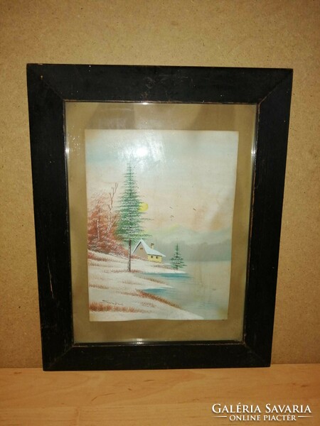 Riverside winter landscape paper watercolor painting, in glazed frame 32*40 cm