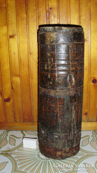 Antique large wooden mortar with cast iron pestle - folk, peasant decoration