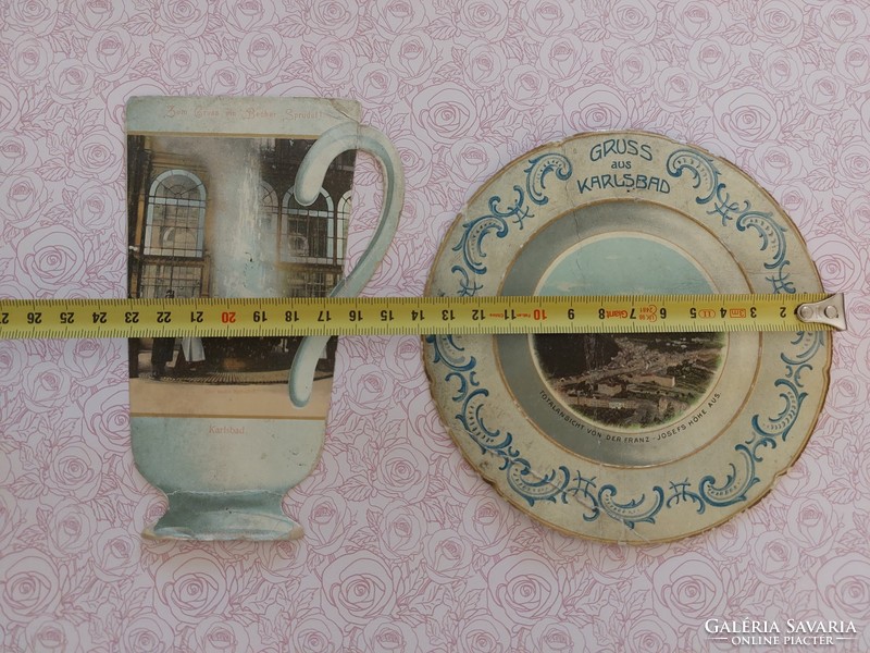 Régi képeslap 1903 Karlsbadi csésze tányér alakú gyógyfürdő reklám levelezőlap 2 db