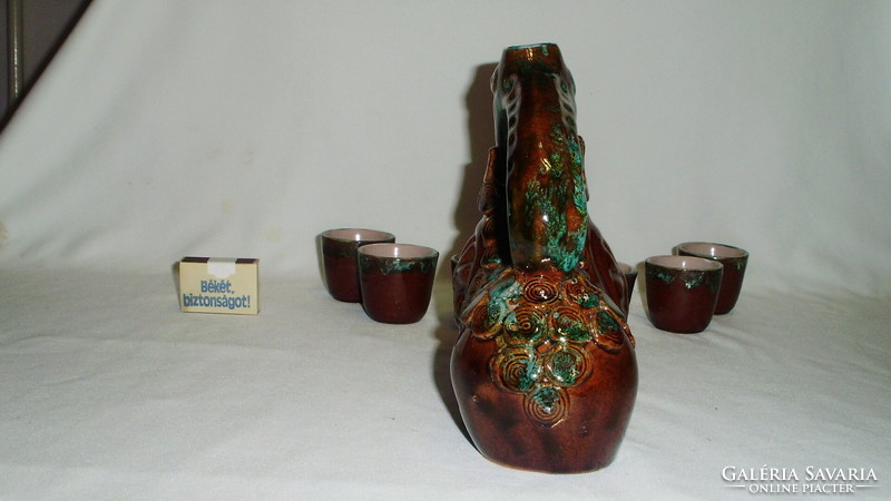 Glazed ceramic drinking set - six glasses with an interesting bird shape spout