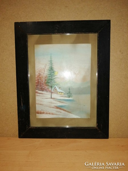 Riverside winter landscape paper watercolor painting, in glazed frame 32*40 cm