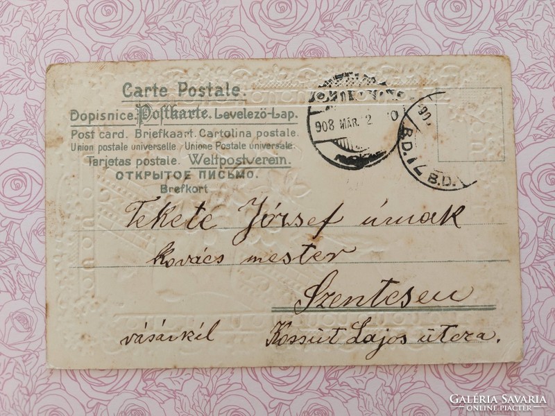 Régi képeslap 1908 dombornyomott levelezőlap ibolya virágfüzér