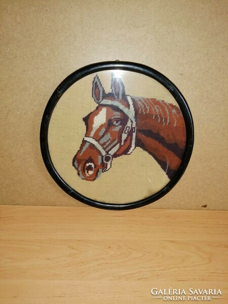 Biedermeyer horse head giobelin tapestry in a glazed frame, diameter 32 cm