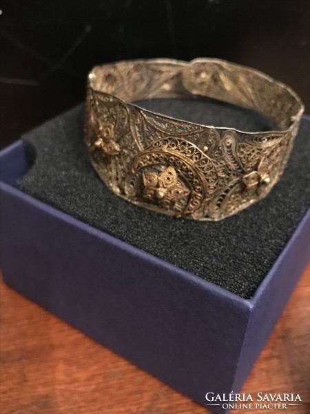 Antique silver gold-plated filigree bracelet with moon and star appliqué