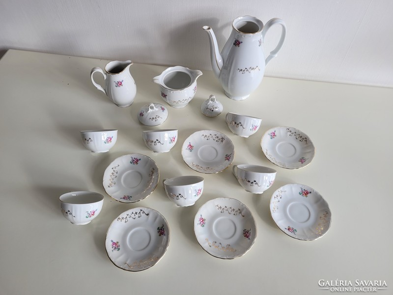 Régi MZ porcelán kávés készlet rózsás aranyozott mintás Moritz Zdekauer 6 személyes készlet
