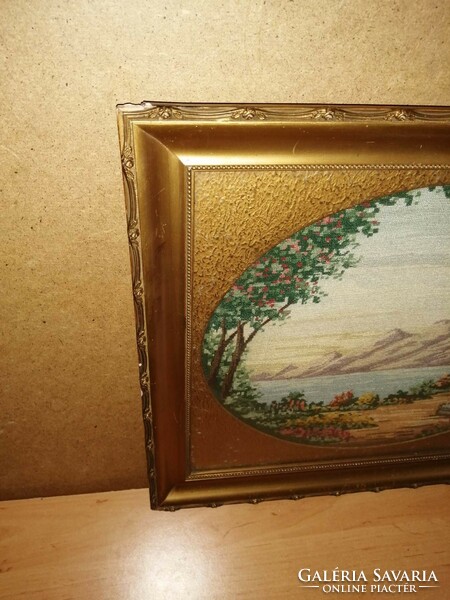 Antik Biedermeier tű gobelin goblein tájkép csodaszép üvegezett keretben 36*41 cm