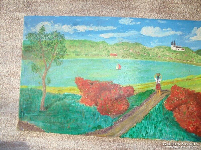 Régi olaj festmény vászon alapon - Péntek 78 szignóval- valószínűleg Tihany Balaton tájkép