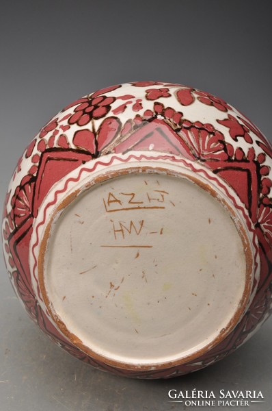 Large chubby Hódmezővásárhely folk pattern majolica vase, hmv lázi j, 1930s.