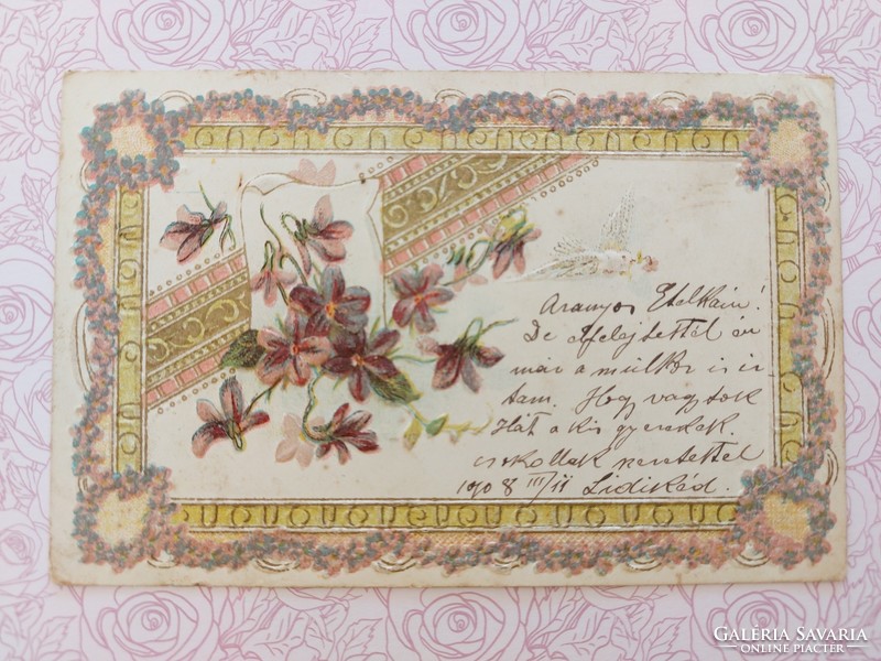 Régi képeslap 1908 dombornyomott levelezőlap ibolya virágfüzér