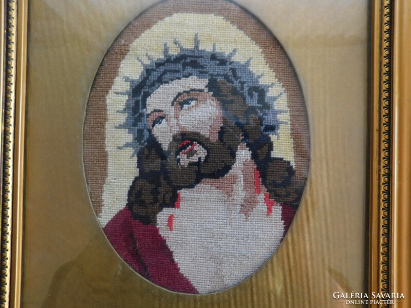 Nagyon szép régi gobelin, igen mutatós keretben: Krisztus tövis koszorúval