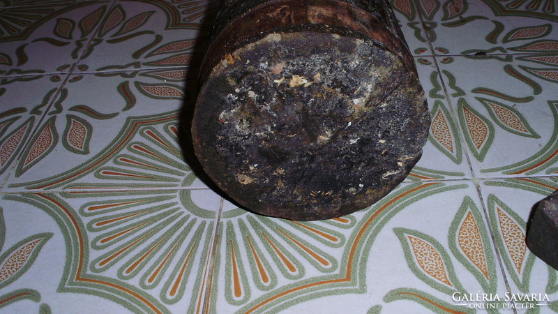 Antique large wooden mortar with cast iron pestle - folk, peasant decoration