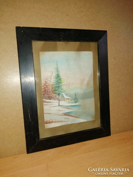 Riverside winter landscape paper watercolor painting, in glazed frame 32*40 cm