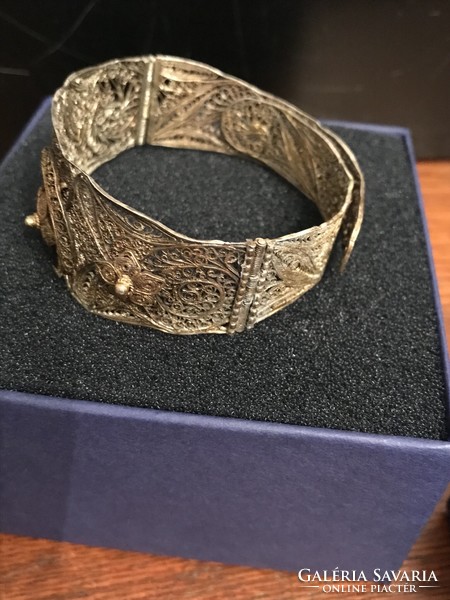 Antique silver gold-plated filigree bracelet with moon and star appliqué