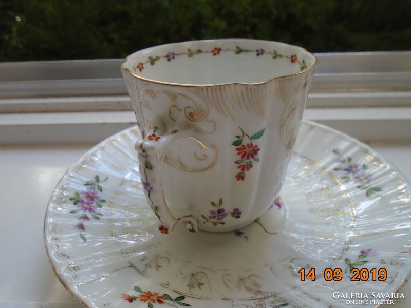 Altwien mark with wavy, ribbed, hand-painted floral chocolate cup saucer