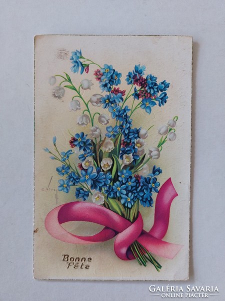 Régi virágos képeslap levelezőlap nefelejcs gyöngyvirág
