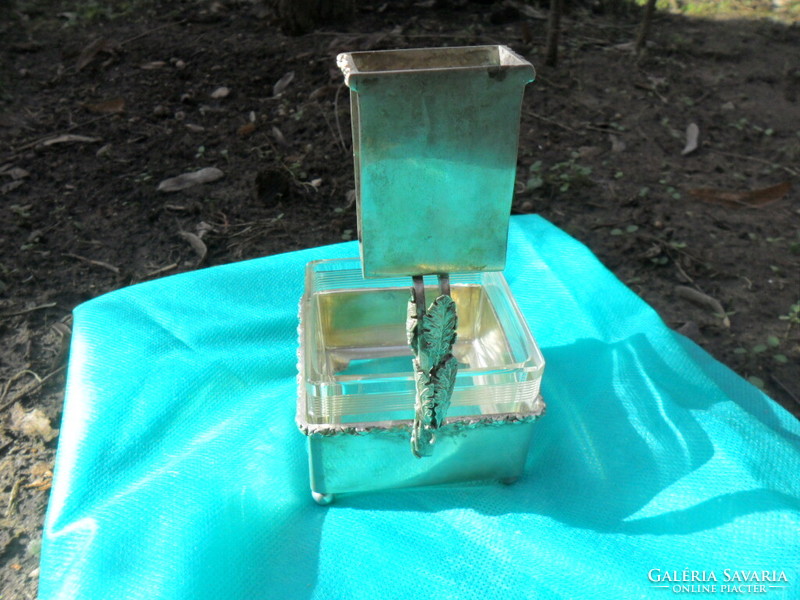 Silver ashtray with match holder and engraved glass with a horse