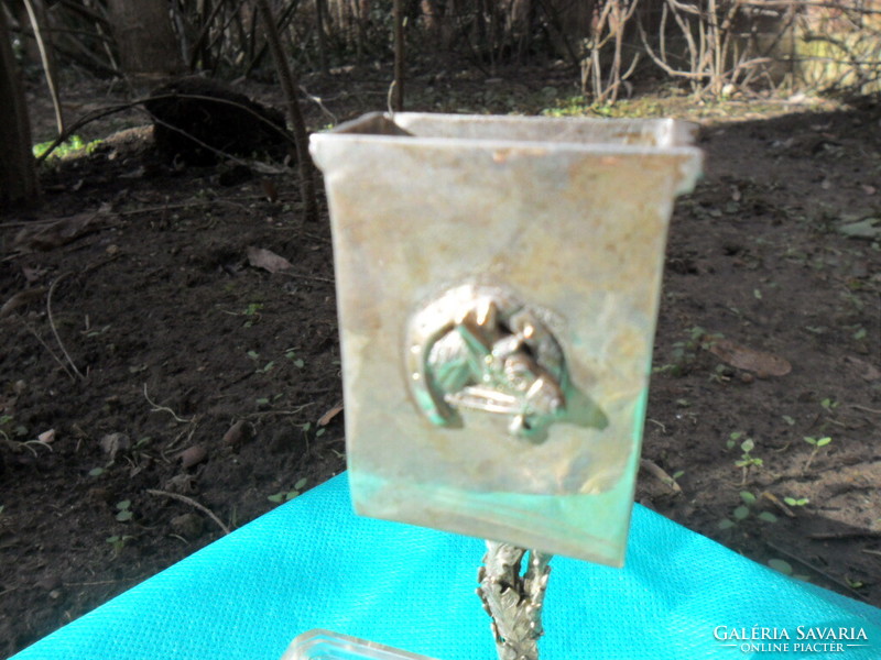 Silver ashtray with match holder and engraved glass with a horse