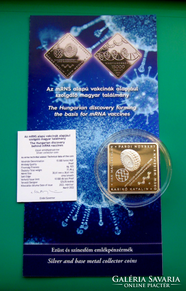 2022- Vaccines based on mRNAs - Hungarian invention - HUF 15,000 silver (ag925) - description + certificate