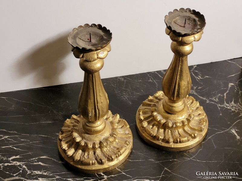 Baroque style gilded carved wooden candlestick pair 21.5x12cm -- pair of candlesticks