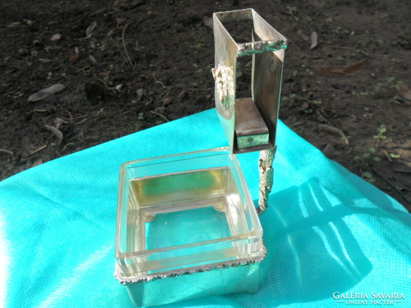 Silver ashtray with match holder and engraved glass with a horse