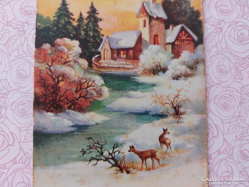 Régi karácsonyi képeslap levelezőlap patak őzikék havas táj