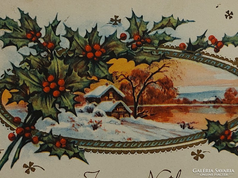 Régi karácsonyi képeslap levelezőlap tájkép növényminta lóhere