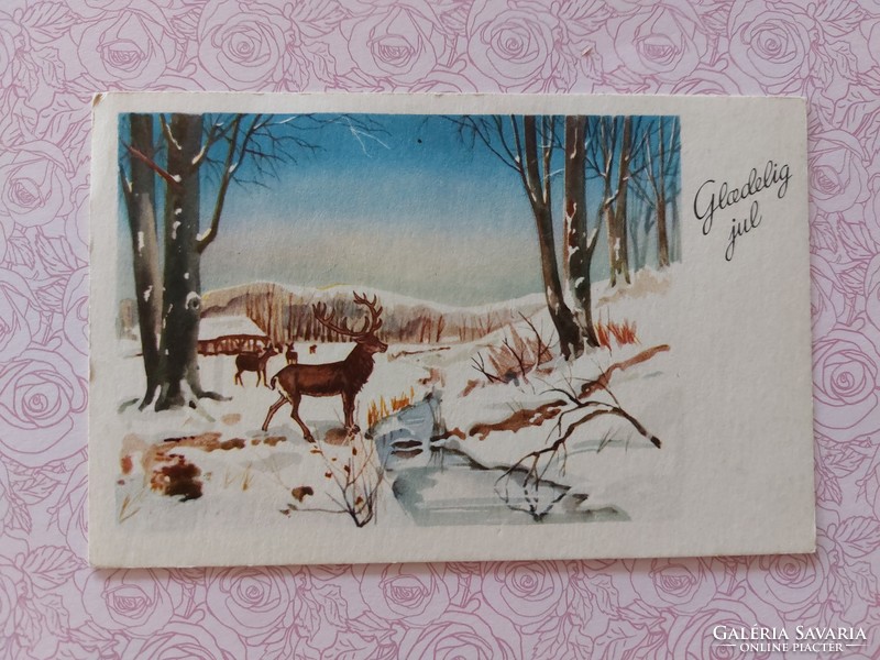 Old Christmas postcard 1969 postcard stream forest deer