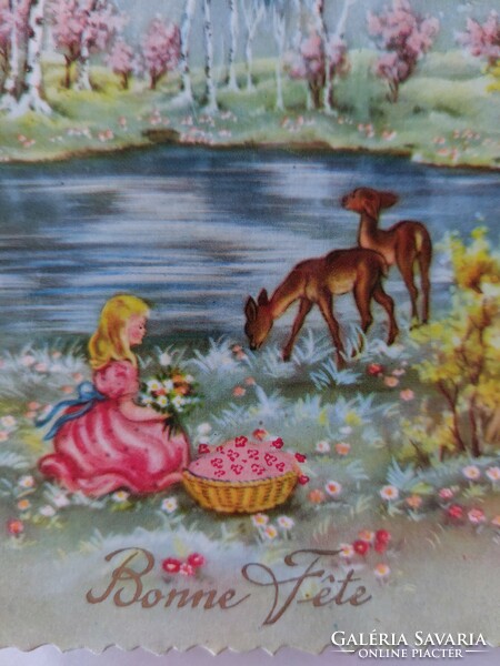 Régi képeslap tavaszi tájkép levelezőlap kislány őzikék