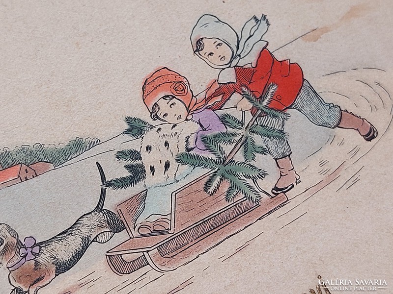 Old Christmas postcard 1912 postcard with kids sledge dachshund