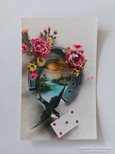 Old postcard postcard swallow landscape rose horseshoe