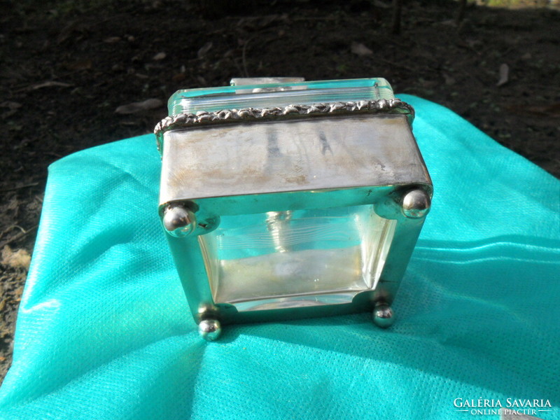 Silver ashtray with match holder and engraved glass with a horse