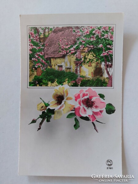 Régi képeslap levelezőlap rózsa tavaszi tájkép