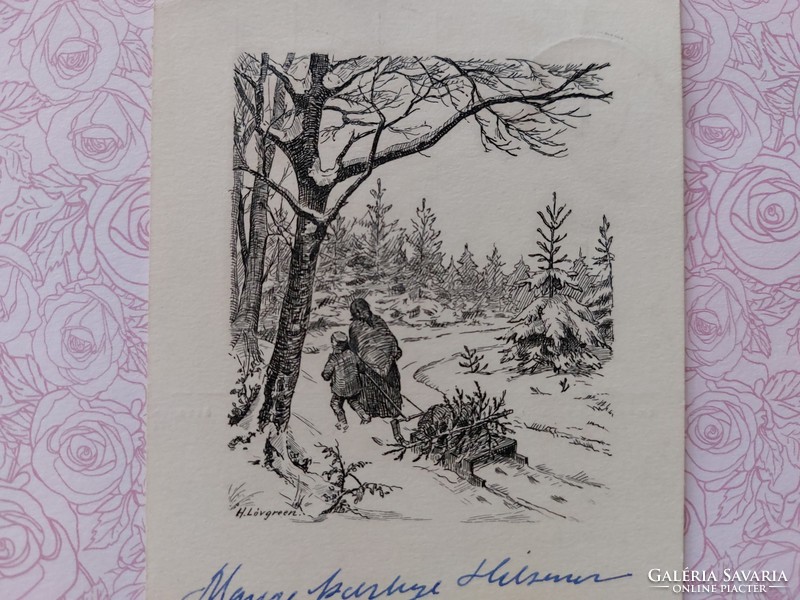 Old Christmas postcard 1953 postcard snowy landscape sledge