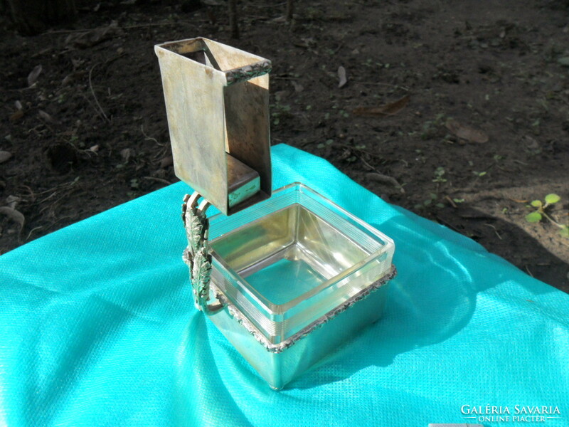 Silver ashtray with match holder and engraved glass with a horse