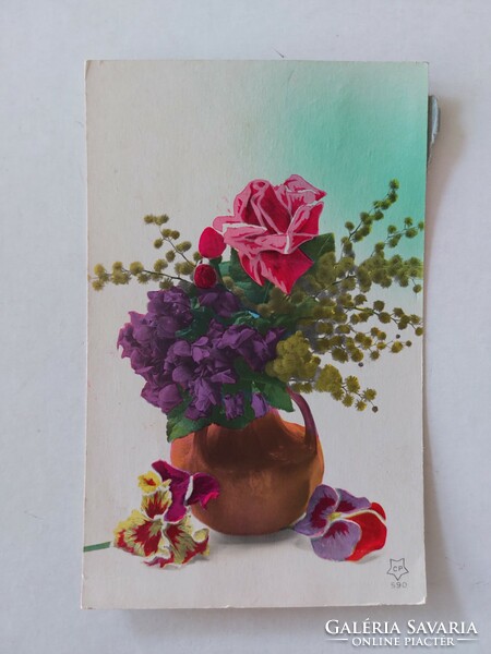 Régi virágos képeslap levelezőlap rózsa mimóza vázában