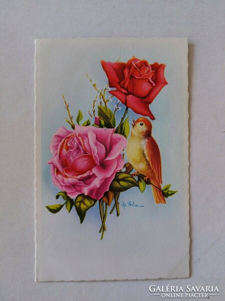 Old floral postcard postcard rose little bird