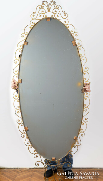 Large standing mirror with a copper frame