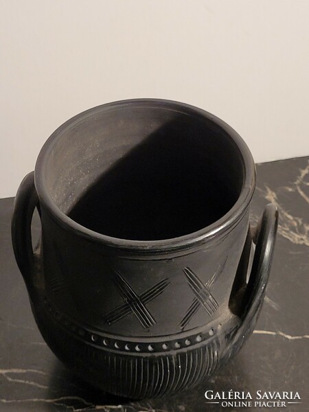 Old karcagi black ceramic silke 14x15cm -- pot with handles