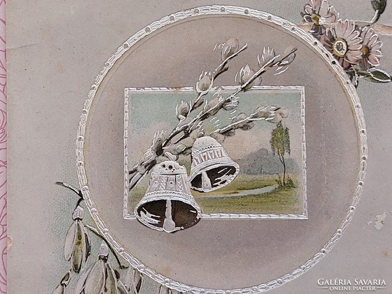 Régi húsvéti képeslap 1922 ezüstös levelezőlap angyal harang hóvirág