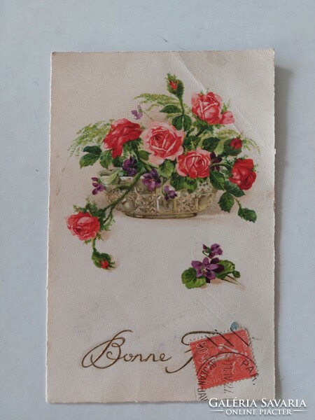 Régi virágos képeslap levelezőlap ibolya rózsa kosárban