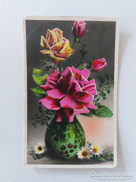 Régi virágos képeslap levelezőlap rózsa vázában