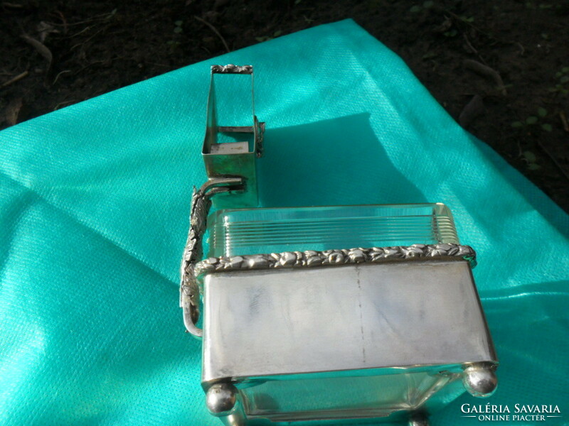 Silver ashtray with match holder and engraved glass with a horse