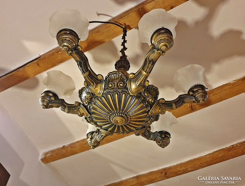6-arm, old, copper chandelier, flawless, with Art Nouveau glass shades.