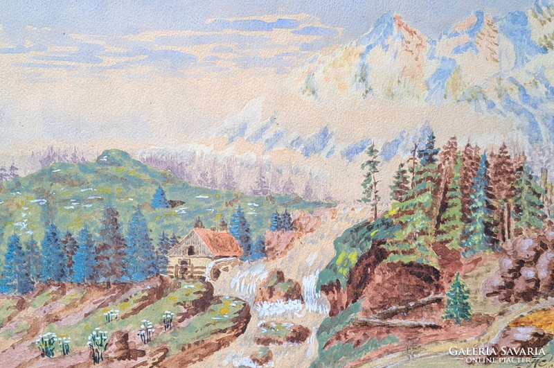Hegyi táj vízeséssel (akvarell, mérete kerettel 38x29 cm) alpesi kunyhó, hegyi házikó - mesebeli táj